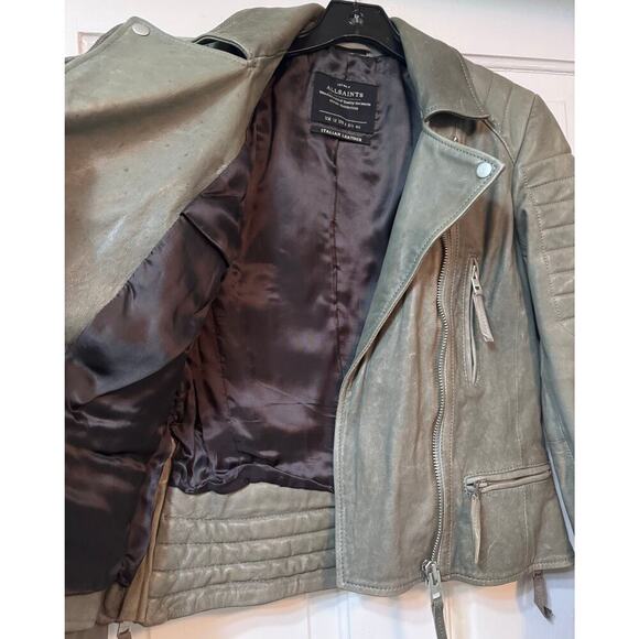 All Saints Green Distressed Leather Moto Biker Jacket Size US 8 - Picture 3 of 13